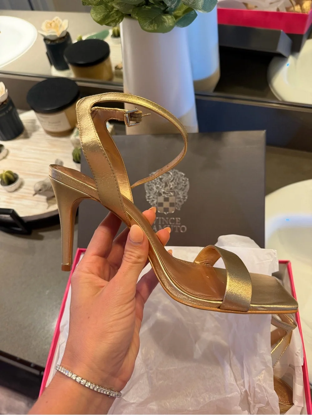 Vince Camuto- Gold Women's Ankle-Strap Sandal - Elegant Metallic Dress Heel